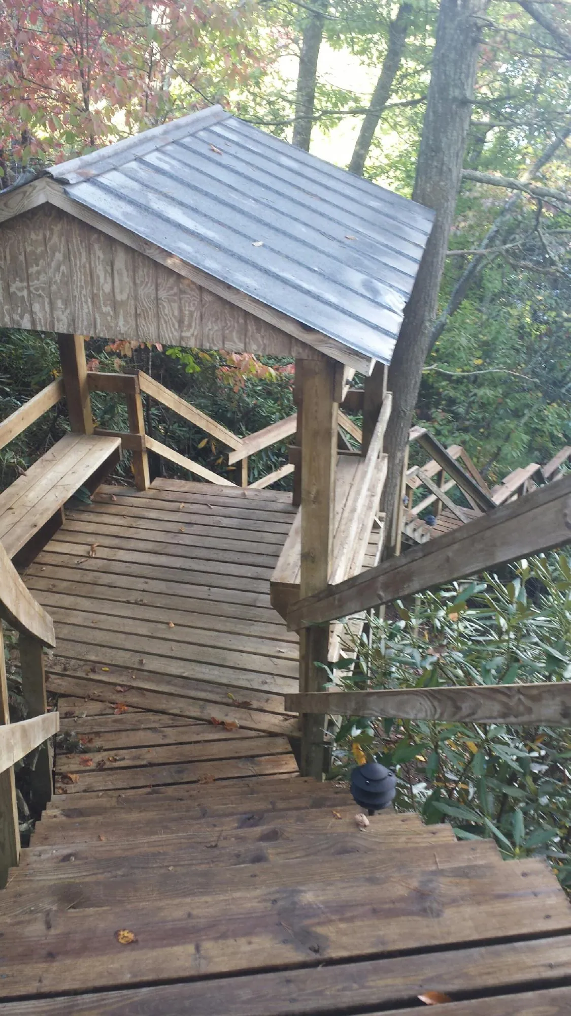 Metal roofed shelter over wooden steps on a wooded walkway — Skylight Repair & Installation work by our crew in Goldsmith
